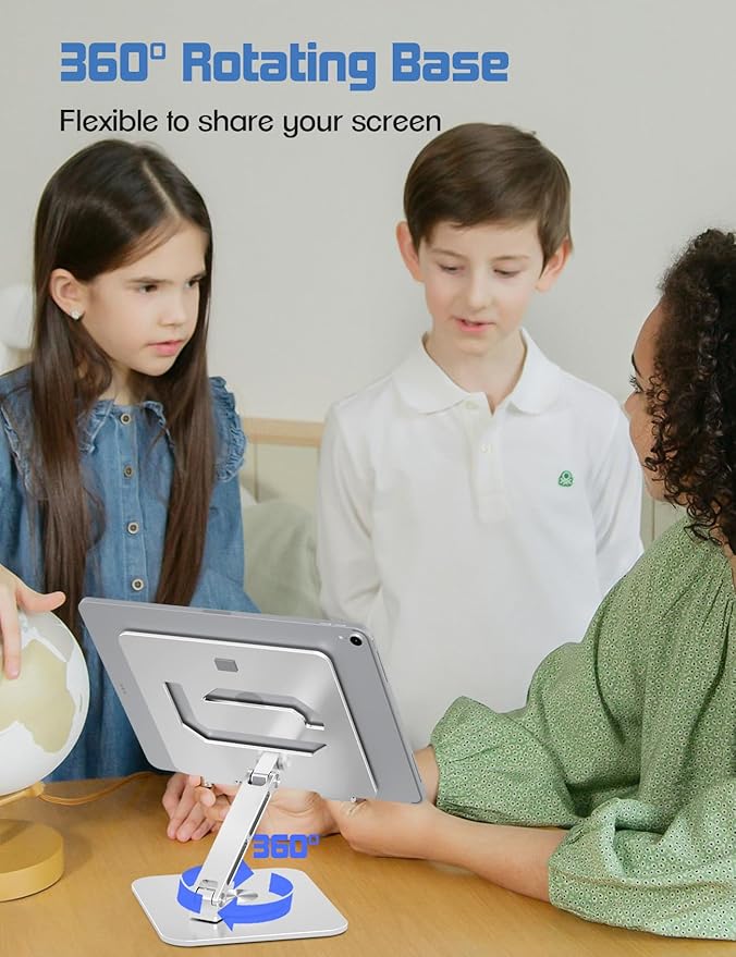 ToBeoneer Tablet Stand Holder with 360°Rotating Base - Adjustable Aluminum Desktop Stand for iPad Holder for Desk Compatible with 4-13" Tablets, Silver