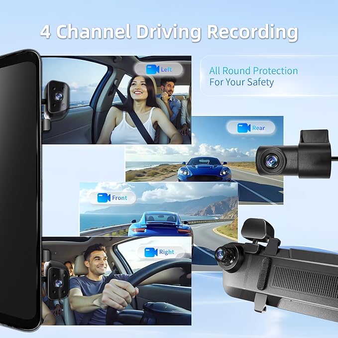 2026 Rearview Mirror Camera,4 Channel Mirror Dash Cam Front and Rear,Rear View Mirror Backup Camera for Cars & Trucks,12" Touch Screen,Built-in 5.8GHz WiFi,GPS,IR Night Vision,Free 64GB SD Card