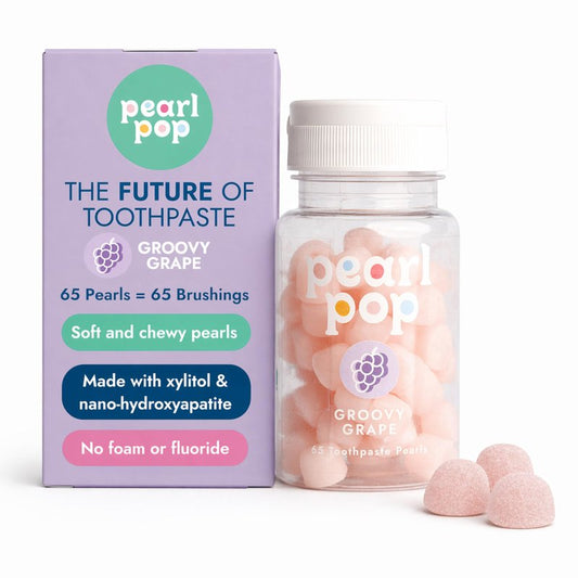 Pearl Pop Gummy Toothpaste Pearls for Kids & Adults – Fluoride Free, Soft & Chewy Tooth Paste, Mess-Free Travel Alternative with Nano-Hydroxyapatite (nHAP) & Xylitol, Groovy Grape, 65 Count