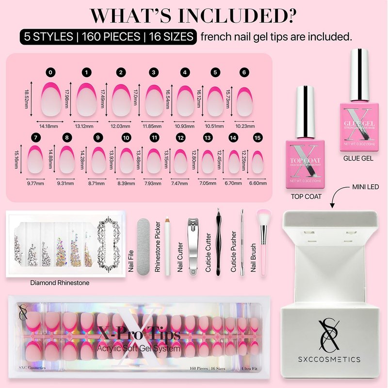 SXC Cosmetics X-Pro Tips French Tip Press on Nails – French Pink Edition (PINK118KIT-XS Almond)