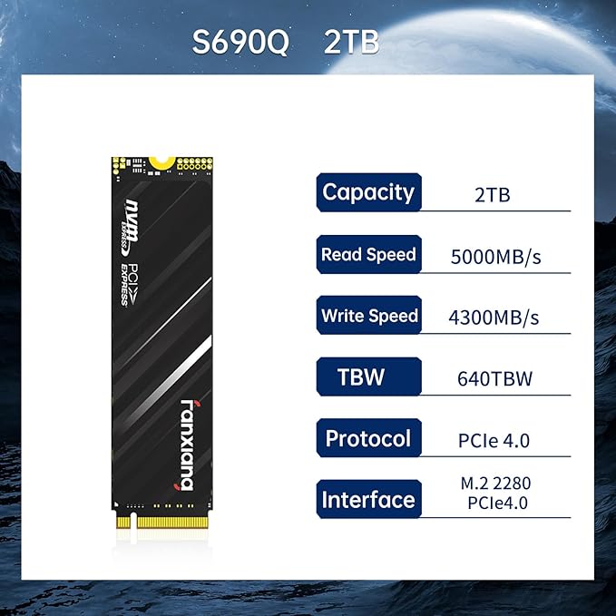 fanxiang 2TB NVMe SSD PCIe Gen4 M.2 SSD for PS5, Up to 5000 MB/s, Internal Gaming 3D NAND SLC Cache Solid State Drive Upgrade Storage for PC/Laptops S690Q