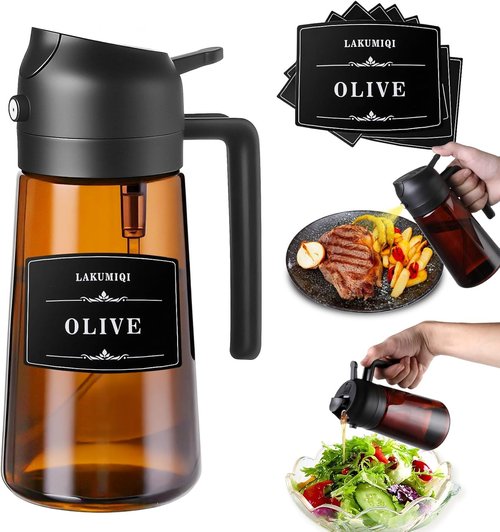 LAKUMIQI Olive Oil Sprayer - 2-in-1 Glass Dispenser & Mister, 16oz, Non-Aerosol, Leak-Resistant for Cooking & BBQ
