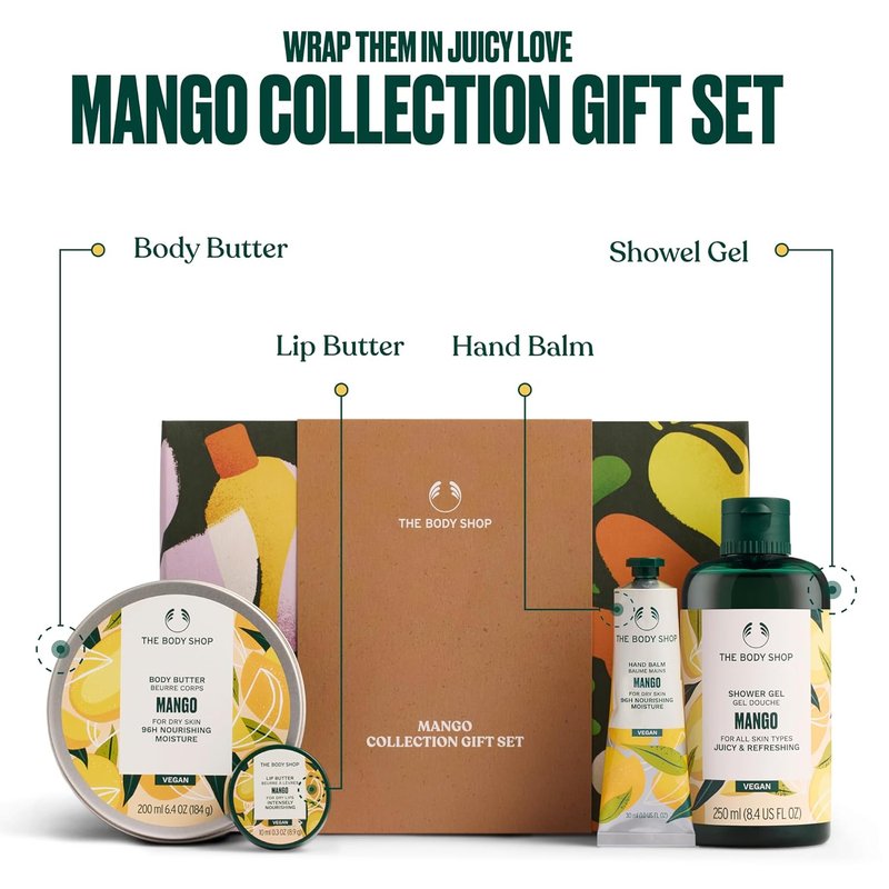 Mango Collection Gift Set - 4-Piece Vegan Body Care Set with Shower Gel, Body Butter & Lip Balm