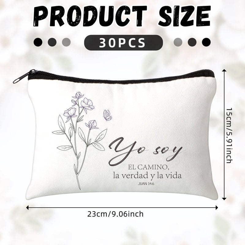 FuWeave 30 Pcs Mothers Day Gifts Spanish Christian Gift Bags for Women Bulk Religious Cosmetic Bag Inspirational Bible Verse Pencil Pouch Christian Makeup Bags with Zipper Church Gift for Travel