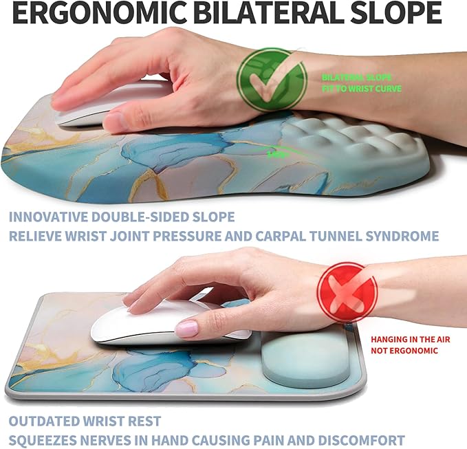 Gleamtide Ergonomic Raised Mouse Pad Wrist Support with Bilateral Slope Memory Foam Mousepad for Wrist Rest and Carpal Tunnel Pain Relief 11.8x7.9〃Blue Marble