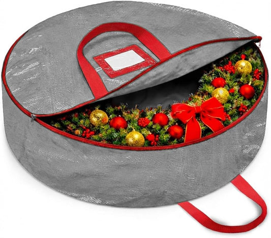 ZOBER Wreath Storage Container - 30 Inch Dual Zippered Bag for Artificial Wreaths - Durable Gray Design