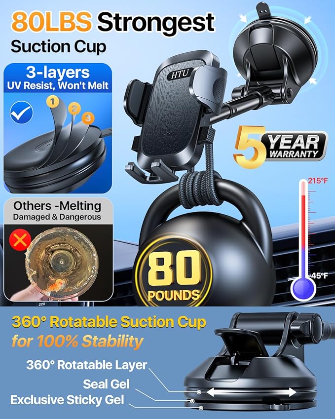 HTU Car Phone Holder【2026 Upgraded 100+LBS Suction & Safety Cert】 Cell Phone Car Mount for Truck Heavy Duty Phone Holder for Dashboard/Windshield/Vent for iPhone 17 16 Pro Max, Jet Black