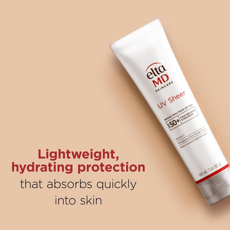 EltaMD UV Sheer Face and Body Sunscreen SPF 50+, Oil Free, No White Cast Sunscreen for Face and Body, Zinc Oxide Formula, 3.0 oz Tube