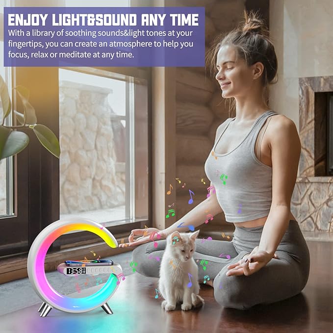 Boenim Smart Table Lamp with 4-in-1 Wireless Charger, Night Light, Bluetooth Speaker, Alarm Clock, App Control, Office, Bedroom, Home Decor (Black)