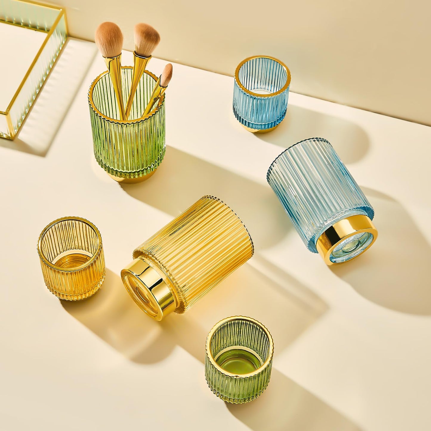 LEICURACE Makeup Brush Holder Organizer,Toothbrush Holders,Desk Pen Pencil Holder,Multifunctional Vintage Glass Brush Cup（S+L/Green/A3-1-US）