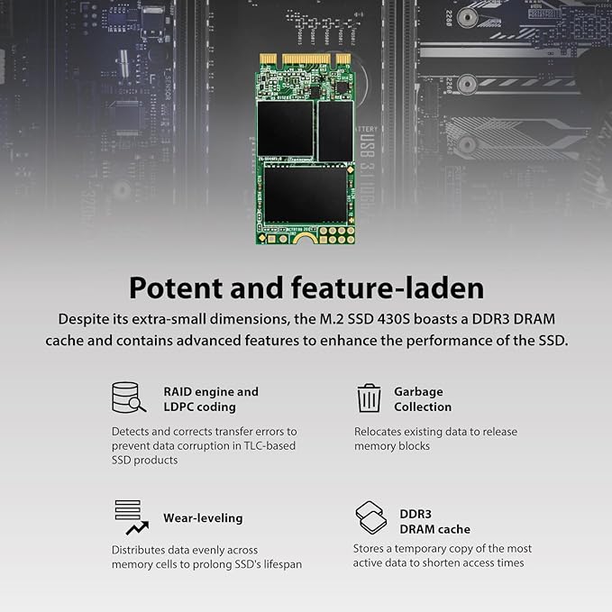 Transcend MTS430 1TB M.2 2242 SATAIII SSD with Dram Cache, Up to 560MB/s, Compatible with Ultrabook/Laptop/PC/Desktop, 3D TLC NAND Flash Internal SSD, LDPC Error Correction, SLC Cache, B+M Key
