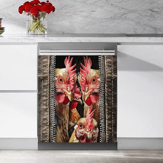 Wood Board and Rooster Pattern Dishwasher Magnet Cover,Fridge,Refrigerator Magnetic Panel Decals,Home Appliances Cabinet Magnets Sticker 23W x 17H inchs