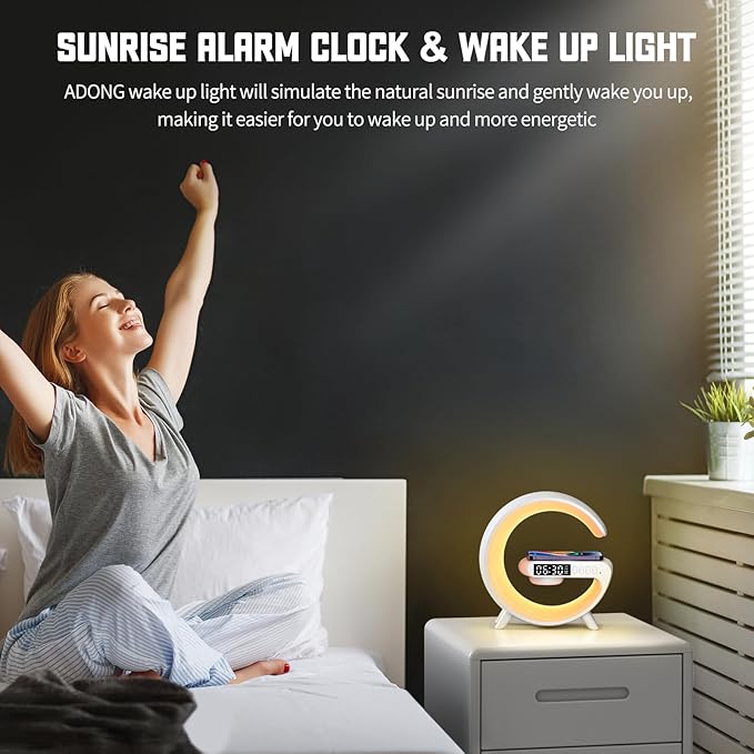 XCDIFA Mini LED Table Lamp with 4-in-1 Wireless Charger, Night Light, Sunrise Alarm Clock, Bluetooth Speaker, Smart Atmosphere Table Lamp for Bedroom, Office, Home Decor (White)