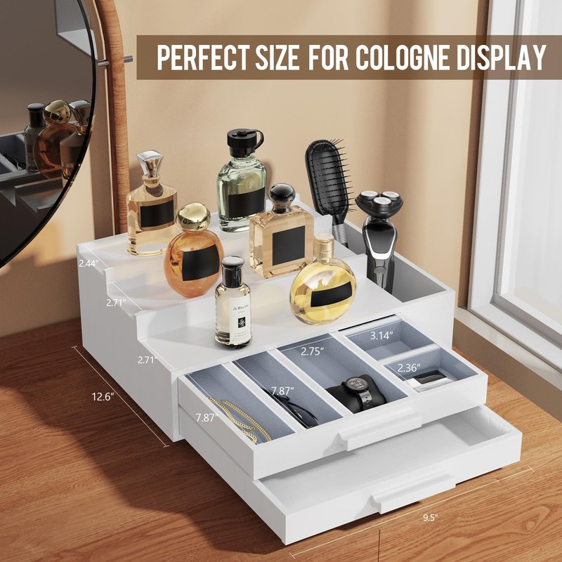 Cologne Organizer for Men,3 Tier Cologne Stand with 2 Drawer and Side Extended Storage Space,Wood Perfume Stand Organizer，Great Gift Packing Box for Men and Women-White