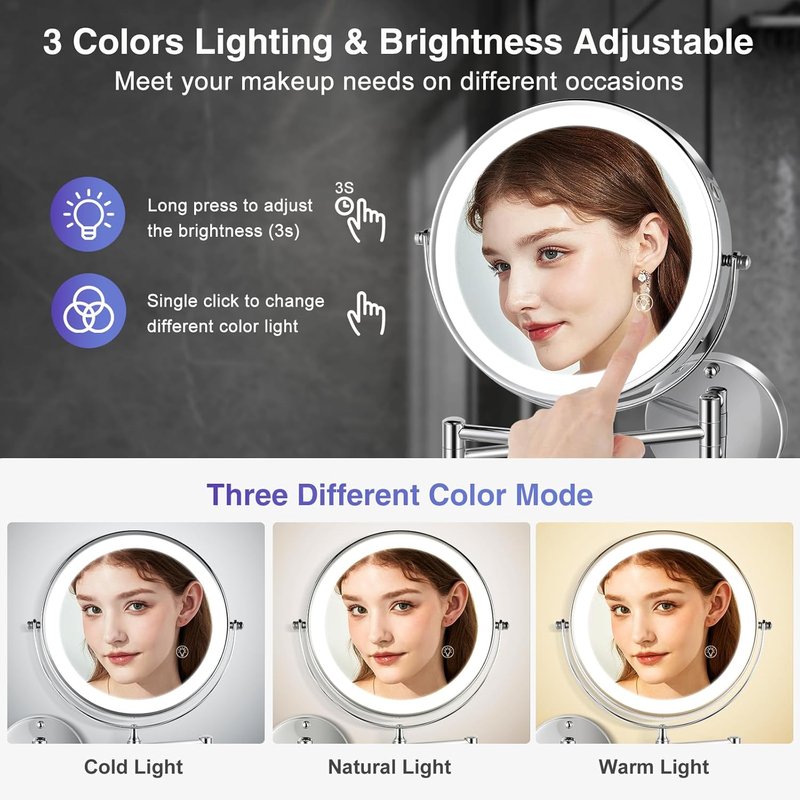 Wall Mounted Lighted Makeup Mirror - 8.5 Inch Double-Sided with 1X/15X Magnification | Chrome Finish for Vanity and Bathroom