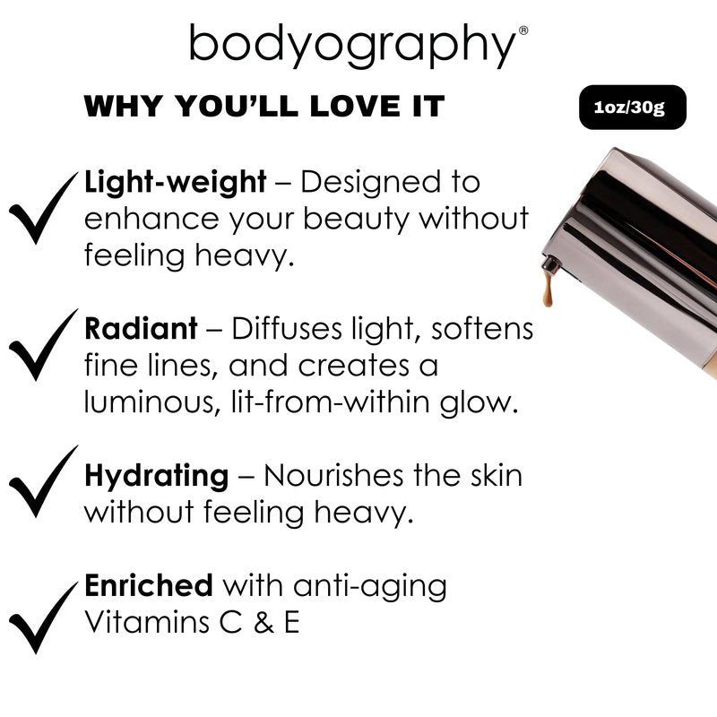 BODYOGRAPHY - NATURAL FINISH Foundation (Light #130): Oil-Free Anti-Aging Salon Natural Finish w/ Vitamin E, C, Antioxidants | Vegan, Gluten-Free, Paraben-Free