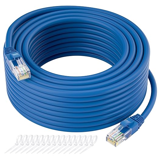 Kxable Cat5e Ethernet Cable 150 FT, Cat 5e Internet Cable, Blue Snagless Patch Cord, Flexible, Network, LAN, PoE, Standard RJ45 Connector for PC, Server, Router, Modem, TV, PS5 - with 15 Cable Ties
