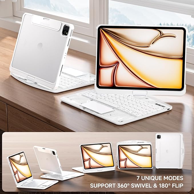 Transparent Case with Keyboard iPad Air 11 Inch (M4/M3/M2, 2026/2025/2024)/ iPad Air 5th/4th Generation 10.9" / iPad Pro 11" 1st/2nd/3rd/4th Trackpad, Pencil Holder, 7-Color Backlit, Rotatable, white