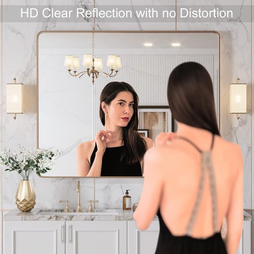 LOAAO Gold Bathroom Mirror - 40”X36” Rounded Rectangle Design | Brushed Gold Frame, Anti-Rust, Versatile Mounting