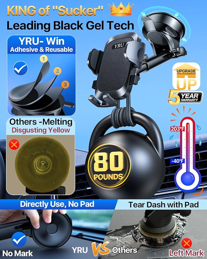 [True Upgrade for Safety] YRU Car Phone Holder Mount [Patent & Military-Grade] Dashboard Cell Phone Holder for Car Vent Windshield Phone Stand for iPhone17 16 15 14 13Pro Max Truck Samsung, Dark Black