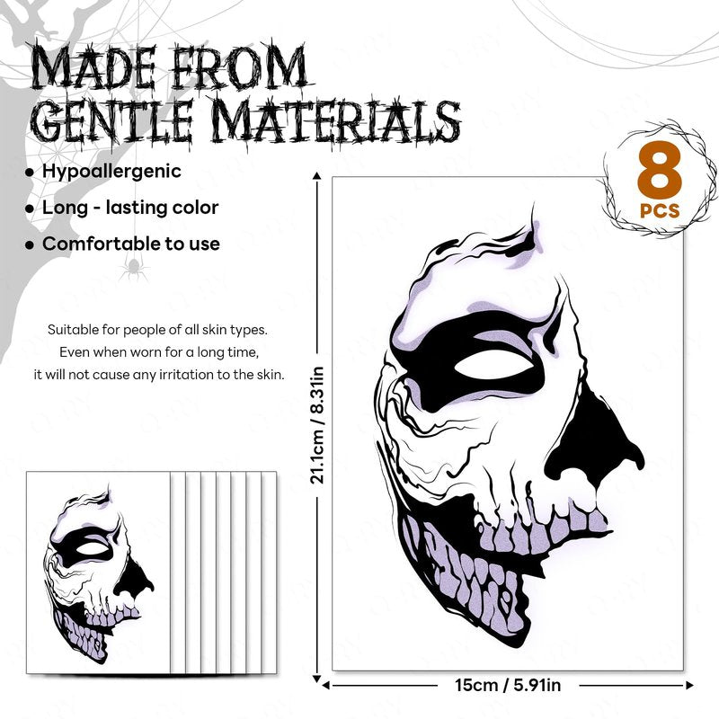 Halloween Scary Ghost Temporary Makeup Stickers Half Face Tattoo Patches Skeleton Eyeshadow Eyeliner Tattoos Zombie Decorations for Women Men Prank Cosplay Makeup Decals
