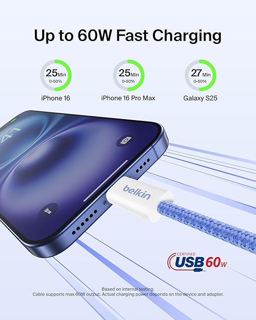 Belkin USB C to USB C Cable, 3.3ft, 60W - Type C Charger, iPhone Charger Cord, Soft, Braided, Flexible for iPhone 17, Galaxy S25, Pixel 9, Airpods, iPad Pro, Tablet & More, Travel Essentials - Blue