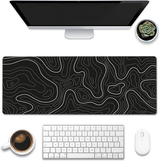 Eflxamz Desk Mat,Black Topographic Contour Map Desk Pad,Topographic Contour Large Gaming Mouse Pad for Desk,Extended Big Computer Keyboard Mouse Pad with Non-Slip Base and Stitched Edge,31.5"x11.8"