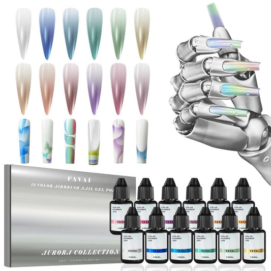 FAVAI Iridescent Metallic Airbrush Gel Nail Polish 12 Colors, HEMA Free & Dilution Free, Non-Acetone Shimmer Glitter Gel for French Ombre Salon DIY Nail Art