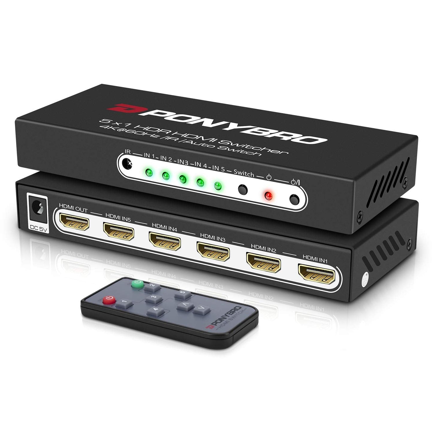 PONYBRO HDMI 2.0 Switch 5 Port 4K@60Hz Auto-Switching – 5 in 1 Out with Remote, HDR10, 3D, Ultra HD for PS5/Xbox/PC/Fire TV, Zero Delay