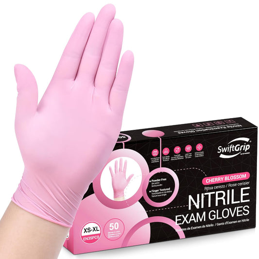 SwiftGrip Disposable Exam Gloves - Pink, X-Small, Powder-Free, Latex-Free, 50-Count Box for Medical Use