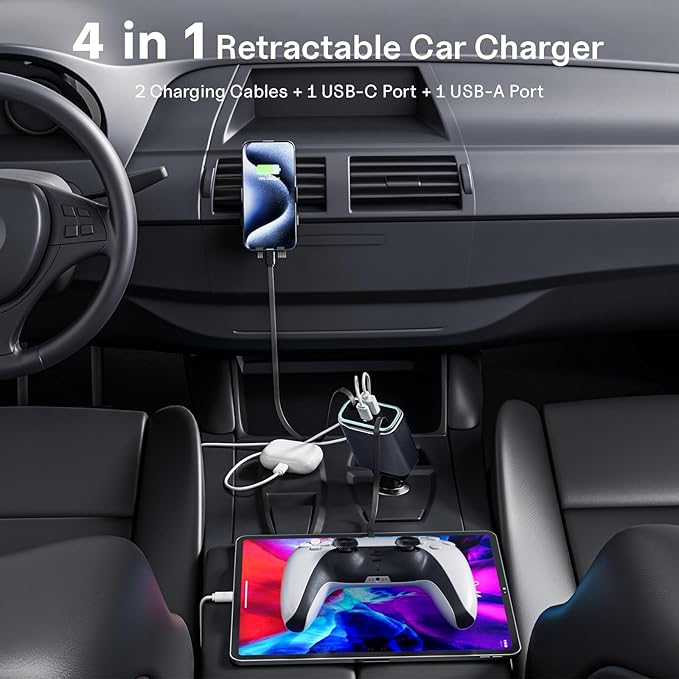 TOENNESEN Retractable Car Charger USB C 131W 4-in-1 Fast Charging with 2 Retractable Cables Car Phone Charger Adapter for iPhone 17 Pro Max 16 15 14 13 Fast Charge Car Accessories, Gifts for Men Women