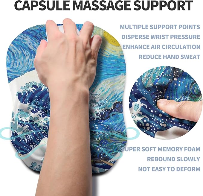 Gleamtide Ergonomic Raised Mouse Pad Wrist Support with Bilateral Slope Memory Foam Mousepad for Wrist Rest and Carpal Tunnel Pain Relief 11.8x7.9〃Starry Night Waves