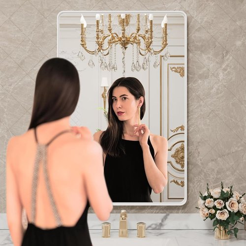LOAAO Bathroom Mirror - 32x36 Inch White Metal Framed Vanity Mirror | Large Rounded Rectangle, Anti-Rust Tempered Glass