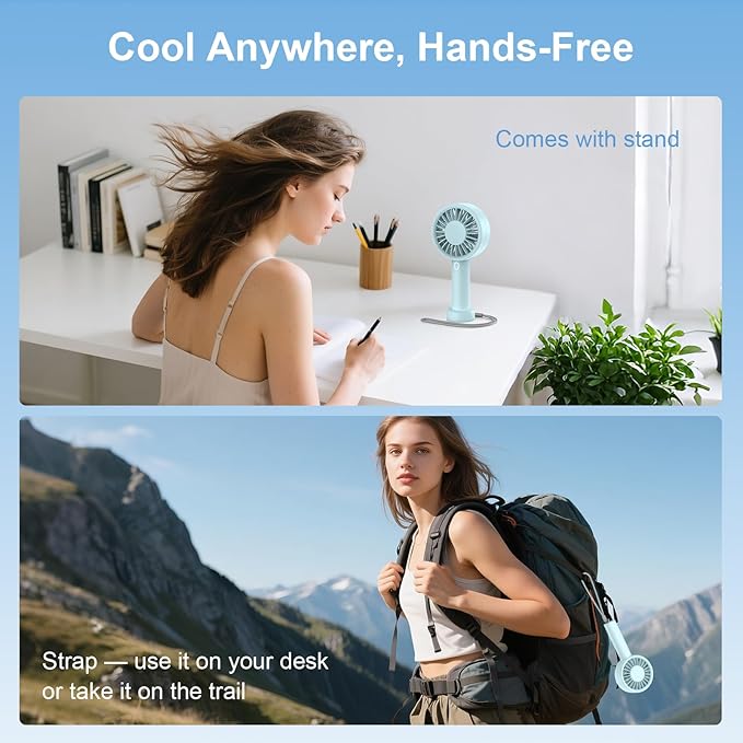Mizong Mini Fan Portable Handheld Fan, USB Rechargeable Personal Fan with Base, 10H Long Lasting Battery Mini Pocket Cooling Fan for Desktop Travel Outdoor Vacation Concert Lash Makeup Use