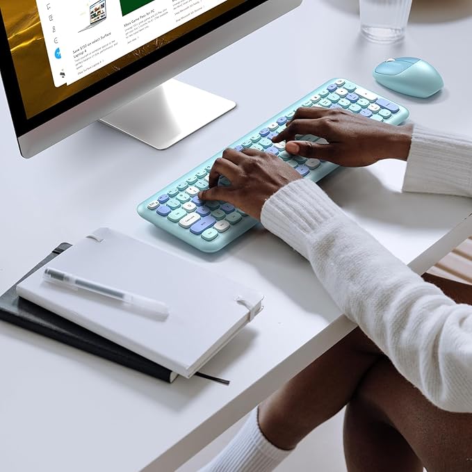 KNOWSQT Wireless Keyboard and Mouse Combo, Pale Blue Full-Sized 2.4G Silent Keycap Colorful Keyboards, USB Dongle Plug Play, Laptop, Windows, PC, Mac, Desktop