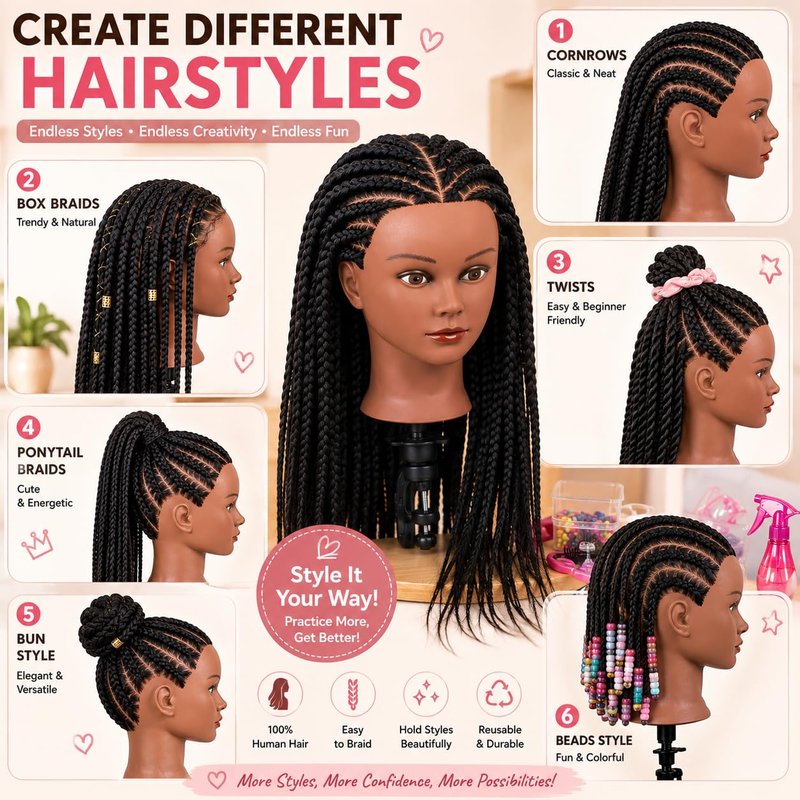 Morris Mannequin Head 100% Human Hair Training Head Kinky Curly Hair Hairdresser Manikin Head Cosmetology Doll Head for Hairdresser Practice Styling Braiding with Clamp Stand (16Inch)