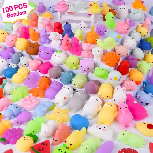 LEEHUR Kawaii Squishies - 100PCS Mini Mochi Stress Relief Toys for Kids Party Favors | Includes Storage Bag