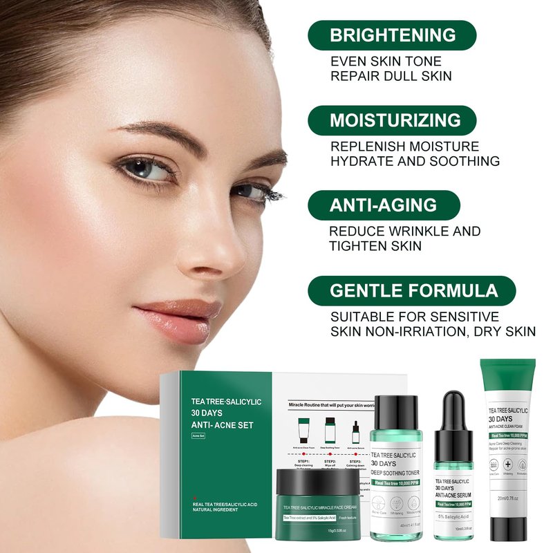 Tea Tree Salicylic Acid Facial Skin Care Set, Acne Treatment Skincare Set ,Skincare Mini Kit, Facial Kit Gifts for Women,Cleanser, Toner, Serum, Cream,Oil Control Facial Kit, Travel Size Set