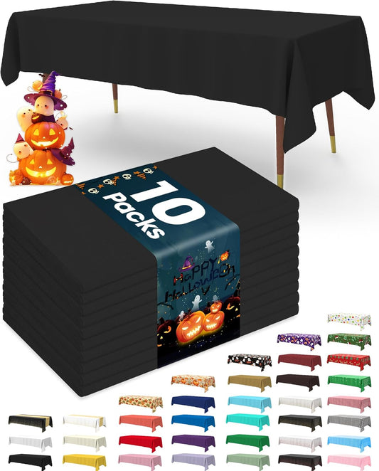 Pureegg Disposable Plastic Tablecloths - 10 Pack, Leakproof & Sturdy, 54 x 72 Inch, Black for Halloween Parties