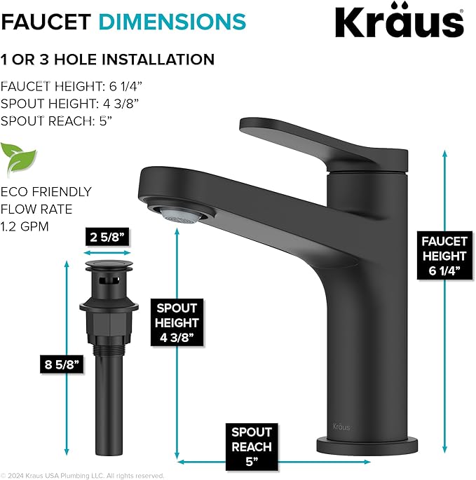 KRAUS Indy Bathroom Faucet in Matte Black with Single Handle, Pop Up Drain and Supply Lines, KBF-1411MB