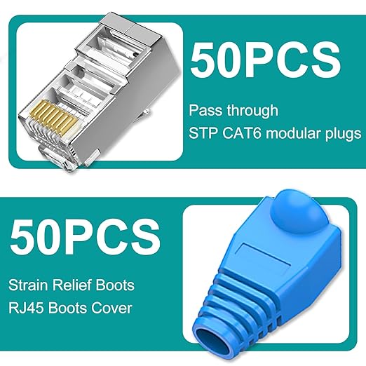 Brileine 50-Pack Cat 6 Shielded Pass Through RJ45 Connectors + 50Pack RJ45 Strain Relief Boots, 8P8C Modular Ethernet STP Network Cable Plug End for Cat6 Cat5e
