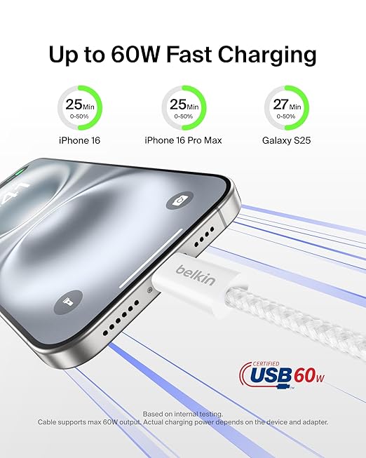 Belkin USB C to USB C Cable 2-Pack, 6.6ft, 60W - Type C Charger, iPhone Charger Cord, Soft, Braided, Flexible for iPhone 17, Galaxy S25, Pixel 10, Airpods, iPad Pro & More, Travel Essentials - White
