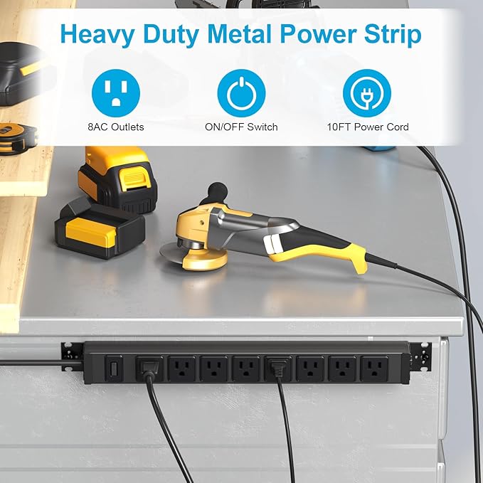 HHSOET Metal 360° Rotating Mountable Power Strip, 8 Outlet Surge Protector Power Strip, Heavy Duty Wall Mount Surge Protector with Switch,1200J,15A 125V 1875W, 10ft Power Cord.(Black)