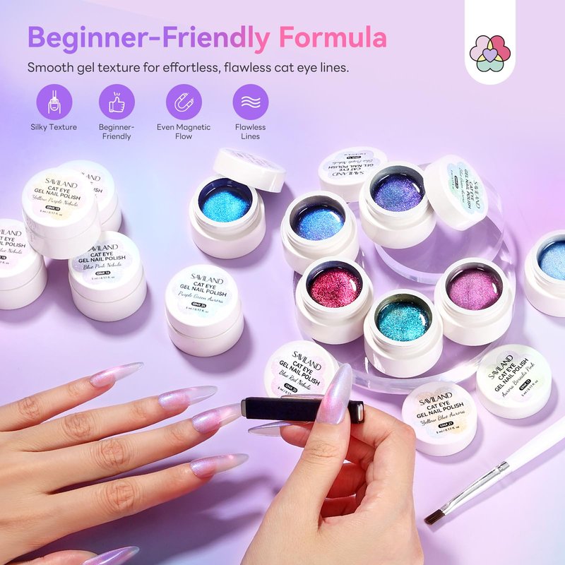 SAVILAND Color Artistry Cat Eye Gel Nail Polish Set: 2026 12 Colors 5ml Crystal Shiny Gloss Cateye Gel Polish Aurora Borealis Pink Blue Magnetic Gel Polish Glitter Gel Nail Polish Gifts Home DIY