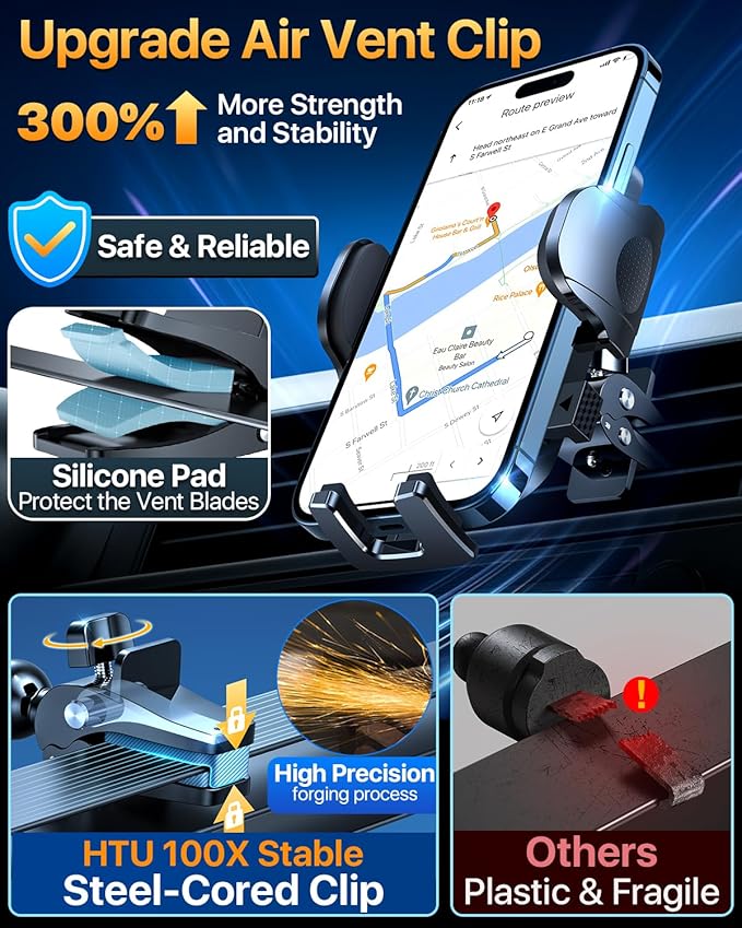HTU Car Phone Holder【2026 Upgraded 100+LBS Suction & Safety Cert】 Cell Phone Car Mount for Truck Heavy Duty Phone Holder for Dashboard/Windshield/Vent for iPhone 17 16 Pro Max, Red