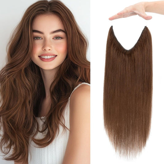 Charites Halo Hair Extensions Real Human Hair Invisible Wire Extensions with Transparent Fish Line Adjustable Size Medium Brown 12 inch