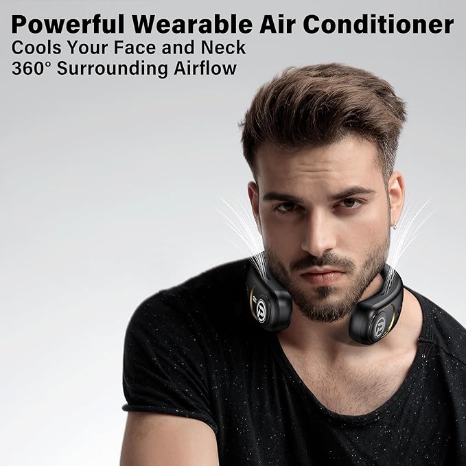 Neck Air Conditioner, 3-Speed Portable Neck Fan with Ice Cooler, 5000mAh Rechargeable Battery Operated Personal Air Conditioner, Hands-Free Bladeless Neck Fan for Sports Travel Outdoor Indoor