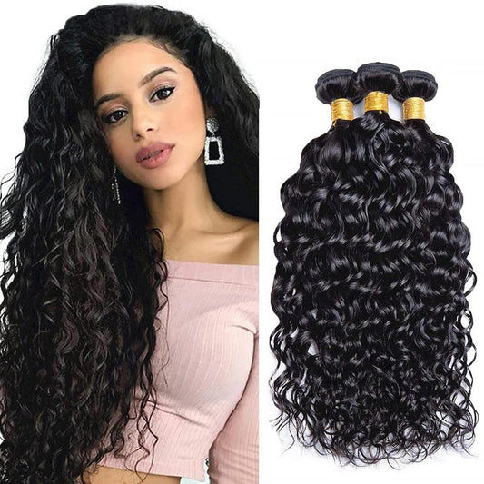 Water Wave Human Hair Bundles 14 16 18 Inch Deep Curly Bundles Human Hair Unprocessed Native Virgin Hair 100/PC 3 Extensions Natural Black Color 1B Wet and Wavy Human Hair Extensions for Women
