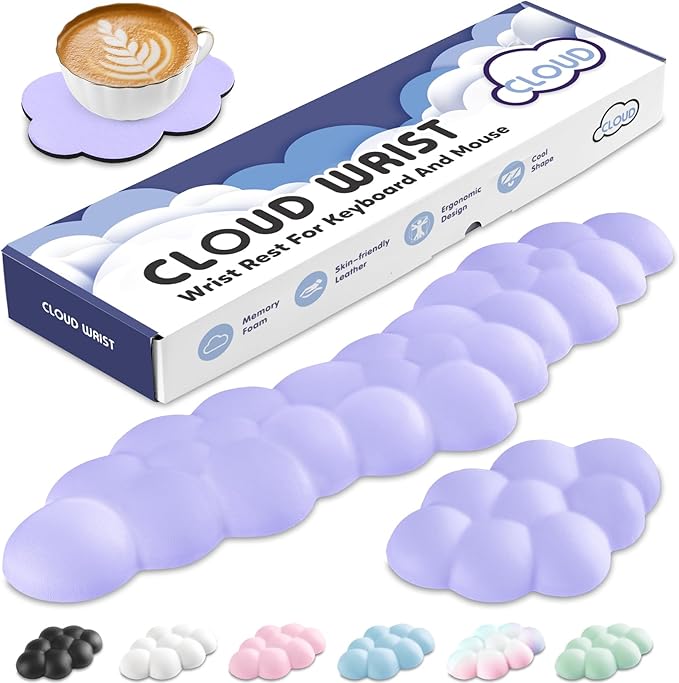 Sushret Cloud Wrist Rest for Keyboard and Mouse, Memory Foam PU Leather Keyboard Wrist Rest with Ergonomic Support, Non-Slip Base, Cute Arm Rest Pad & Palm Cushion, Office Desk Accessory, Purple