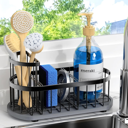 Skiennix Kitchen Sink Caddy Organizer - Rustproof Stainless Steel with Stay-Dry Stone Tray | Black